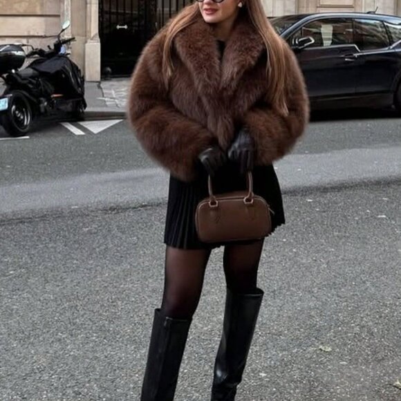 Coffee Brown Casual Women's Faux Fur Jacket coat - Picture 6 of 6